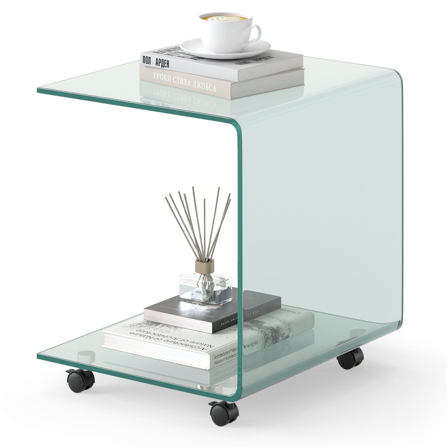 C-Shaped End Table Modern Tempered Glass Side Table with Shelf-Transparent