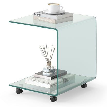 C-Shaped End Table Modern Tempered Glass Side Table with Shelf-Transparent