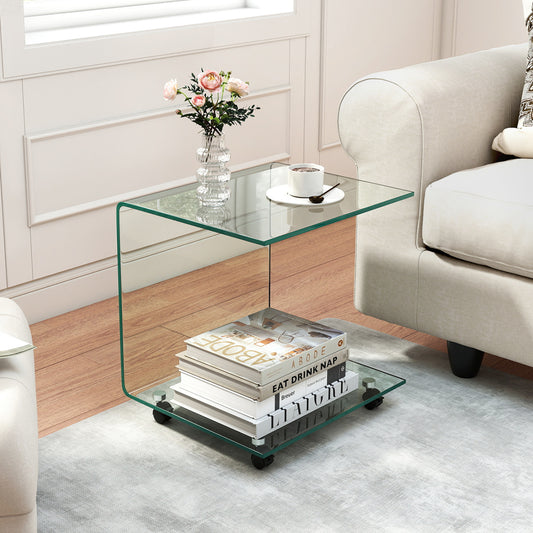 C-Shaped End Table Modern Tempered Glass Side Table with Shelf-Transparent