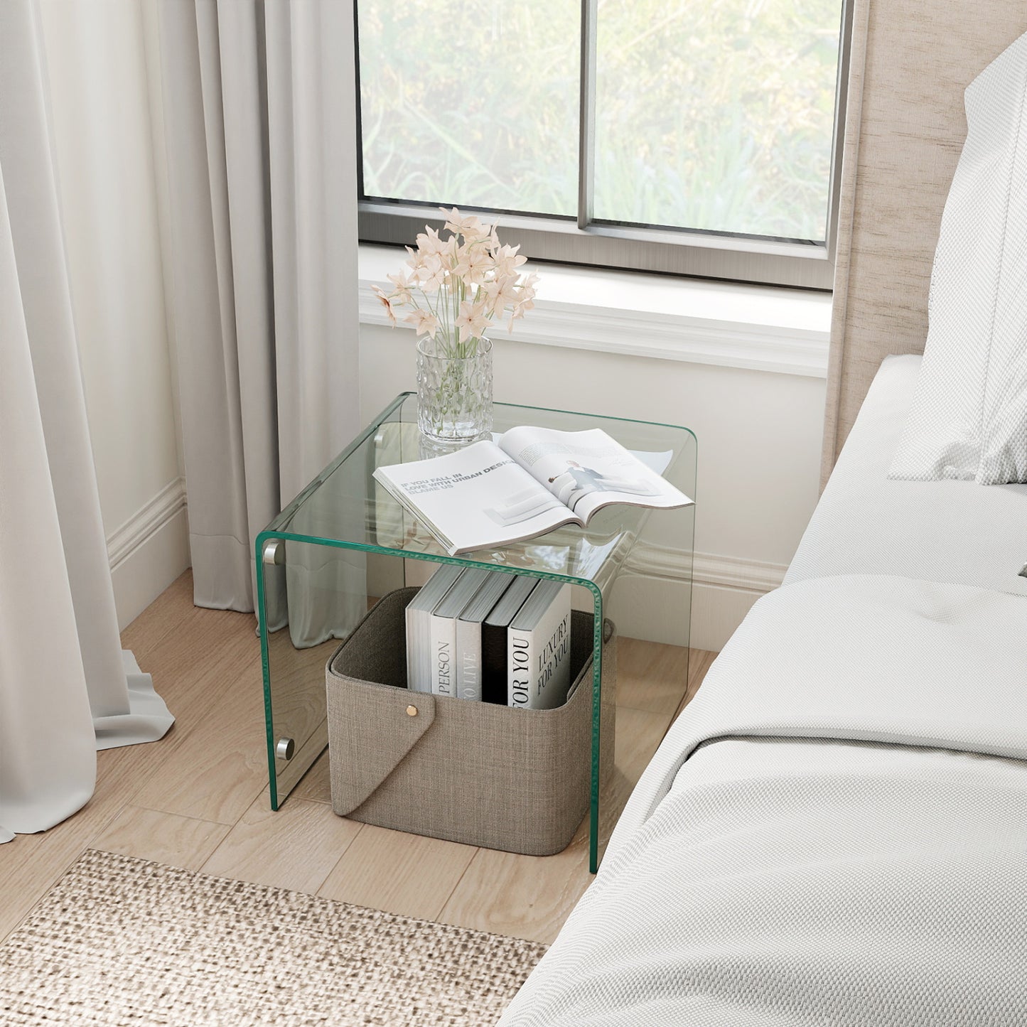 C-Shaped End Table Modern Tempered Glass Side Table with Shelf-Transparent