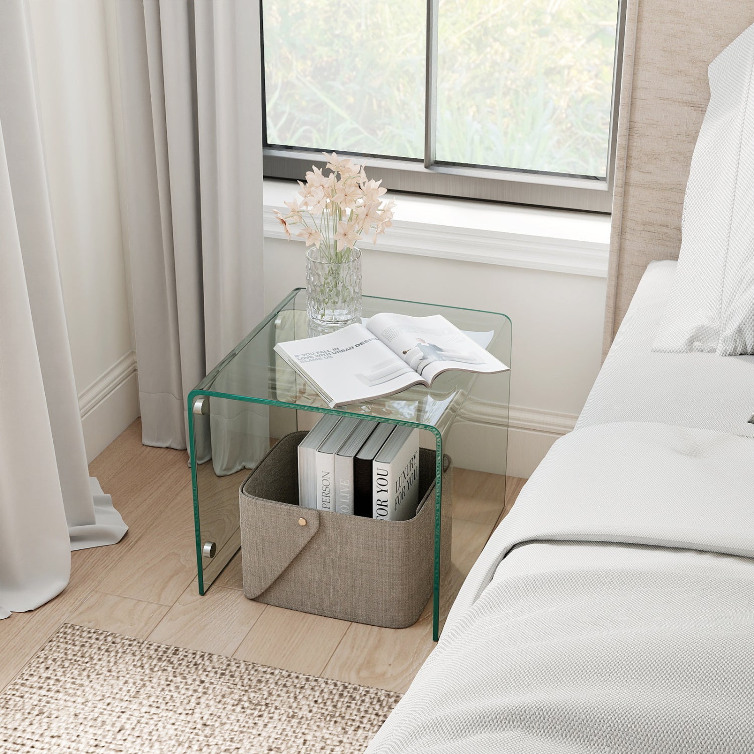 C-Shaped End Table Modern Tempered Glass Side Table with Shelf-Transparent