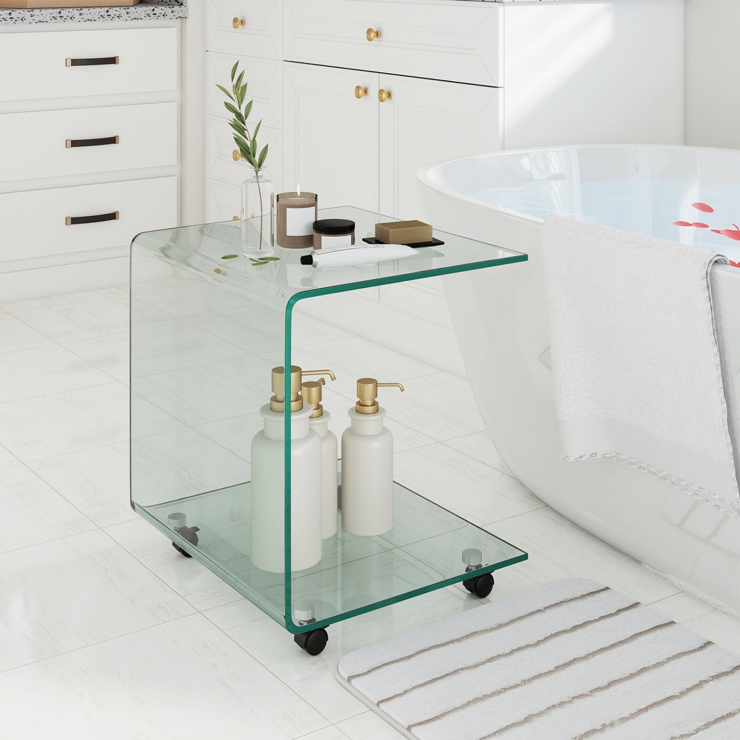 C-Shaped End Table Modern Tempered Glass Side Table with Shelf-Transparent