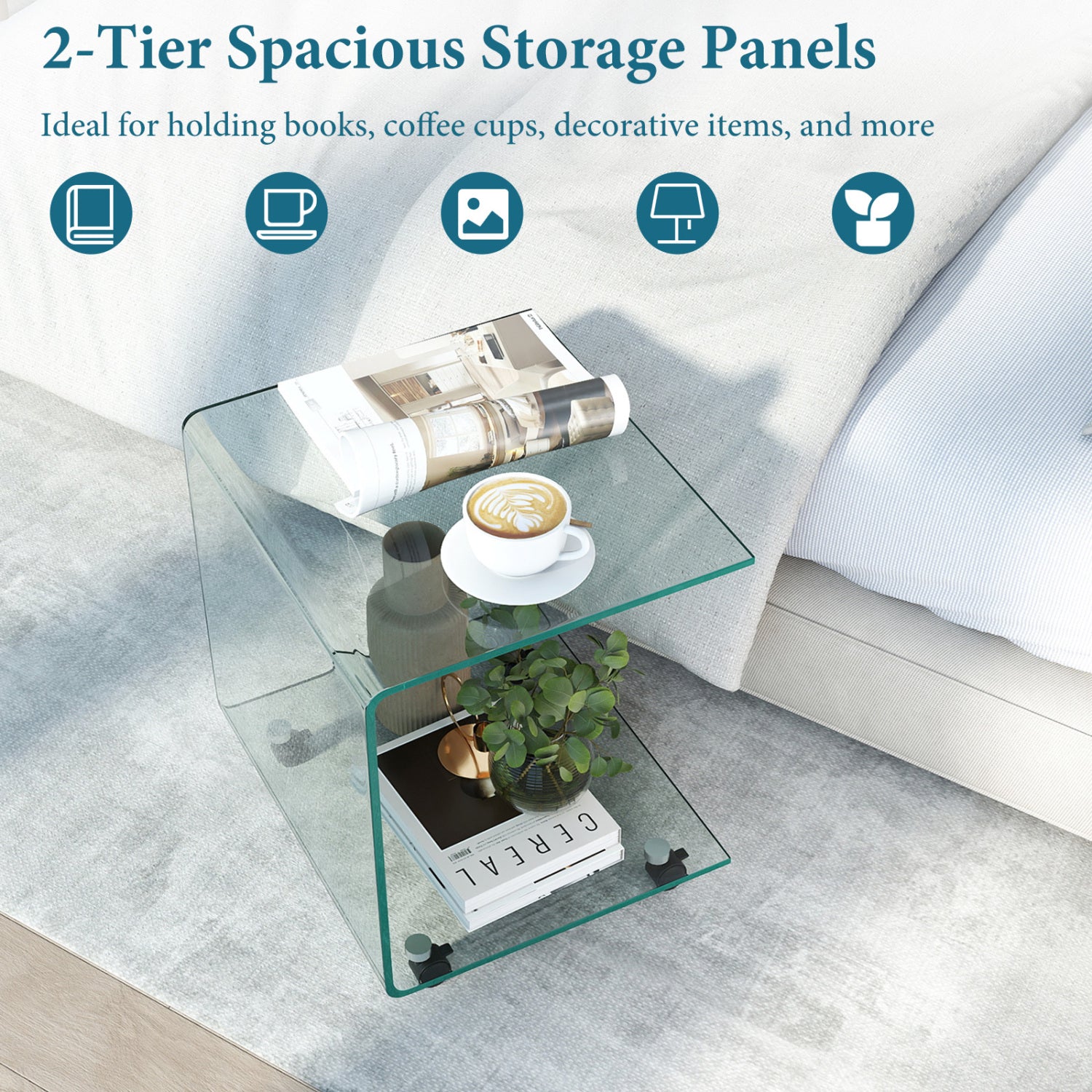 C-Shaped End Table Modern Tempered Glass Side Table with Shelf-Transparent