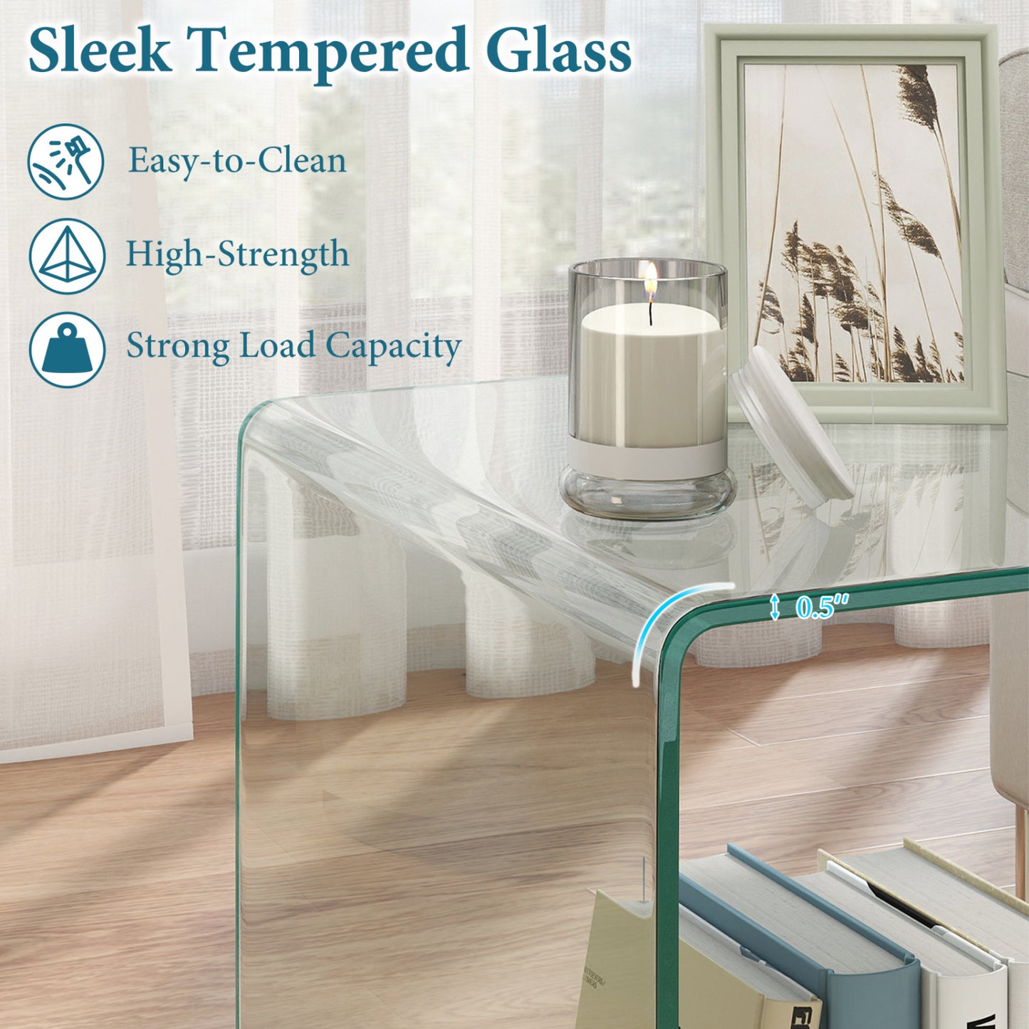 C-Shaped End Table Modern Tempered Glass Side Table with Shelf-Transparent