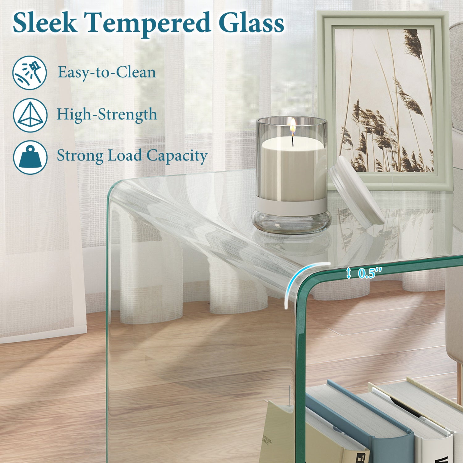 C-Shaped End Table Modern Tempered Glass Side Table with Shelf-Transparent