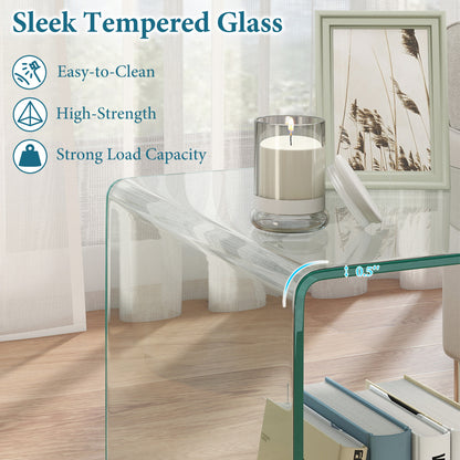 C-Shaped End Table Modern Tempered Glass Side Table with Shelf-Transparent