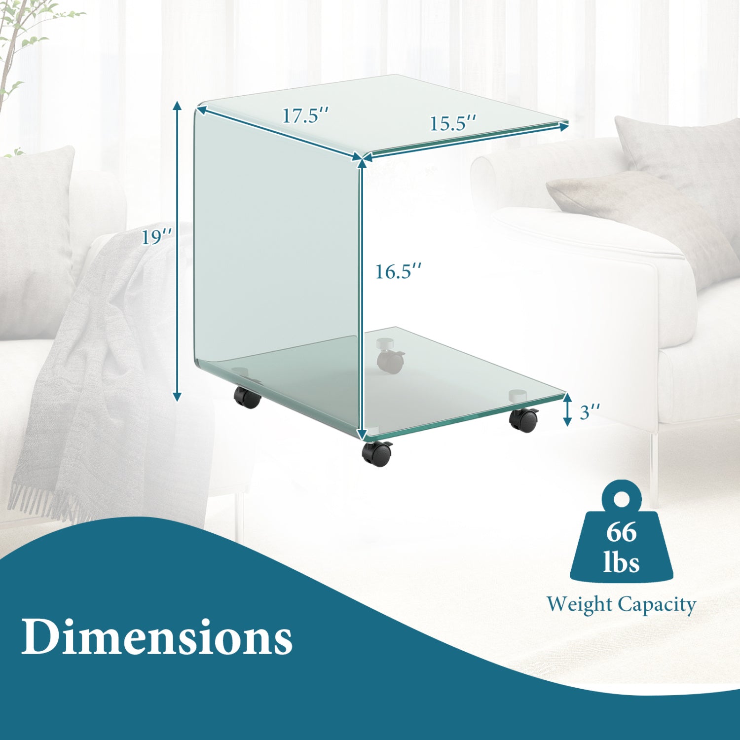 C-Shaped End Table Modern Tempered Glass Side Table with Shelf-Transparent