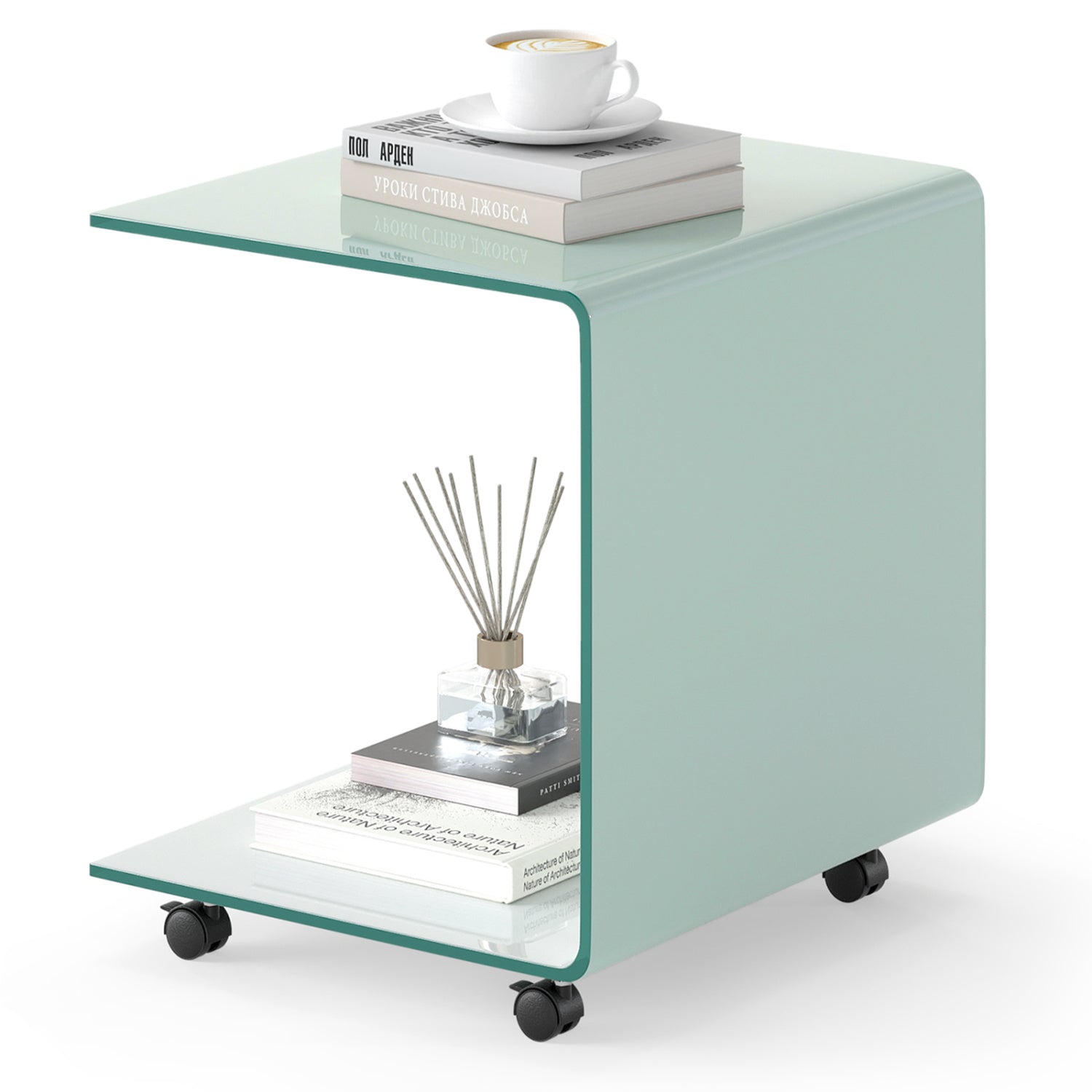 C-Shaped End Table Modern Tempered Glass Side Table with Shelf-White