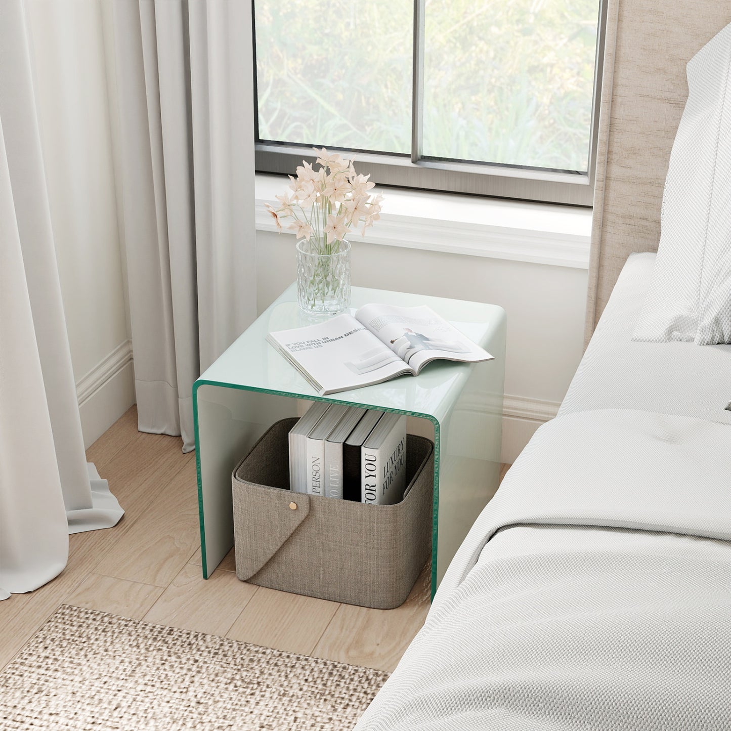 C-Shaped End Table Modern Tempered Glass Side Table with Shelf-White