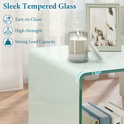 C-Shaped End Table Modern Tempered Glass Side Table with Shelf-White