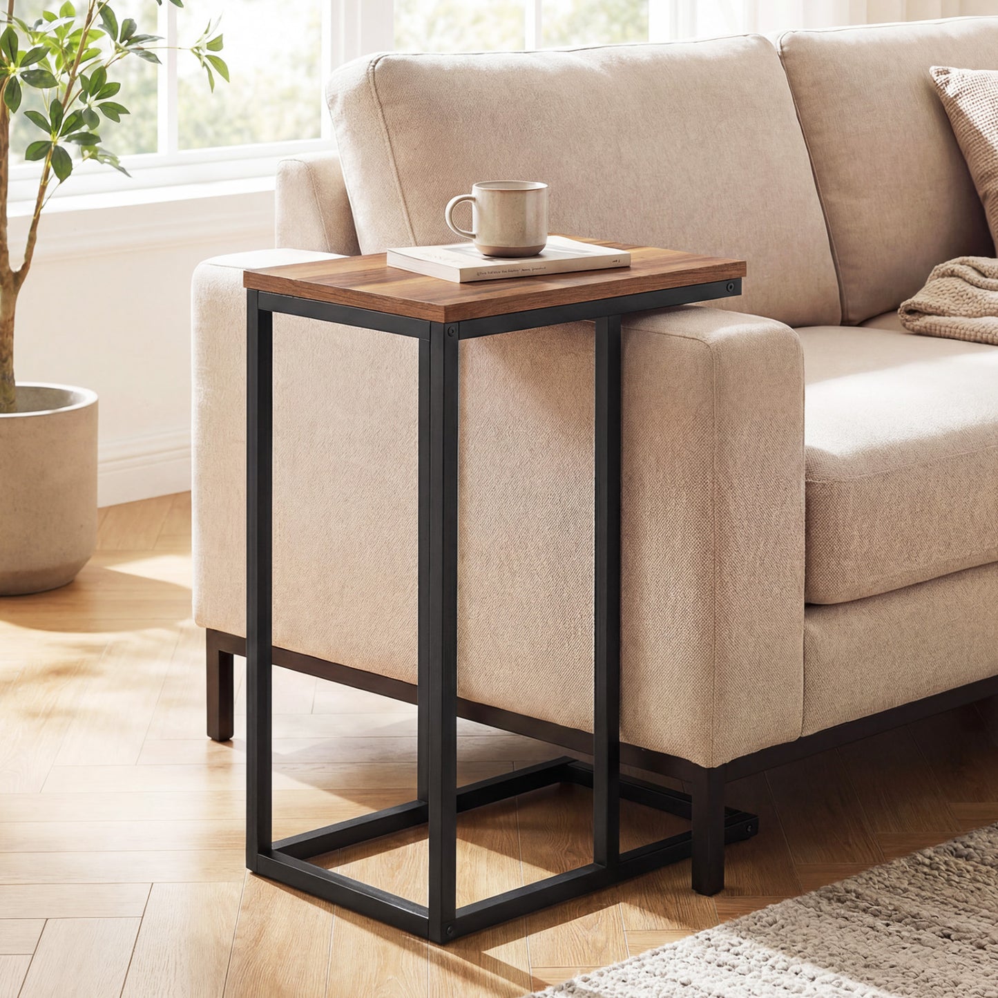 C-Shaped End Table Small Side Table with Sturdy Metal Frame-Walnut
