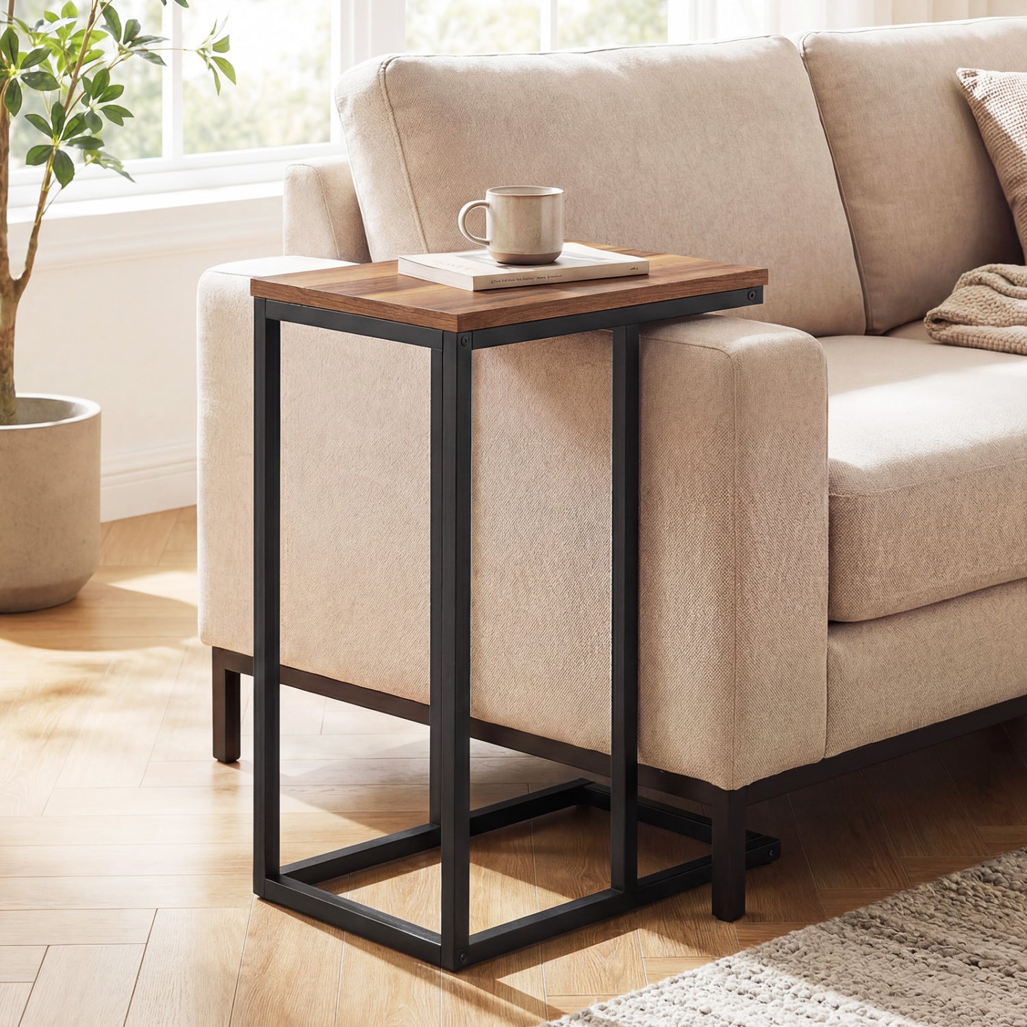 C-Shaped End Table Small Side Table with Sturdy Metal Frame-Walnut