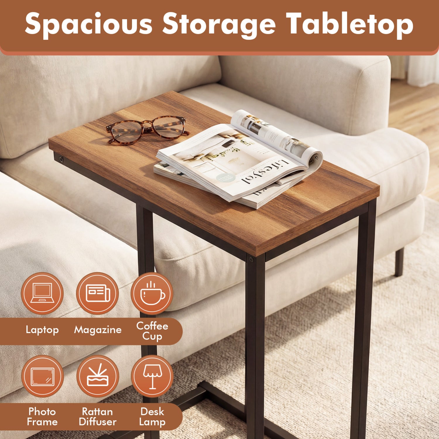 C-Shaped End Table Small Side Table with Sturdy Metal Frame-Walnut