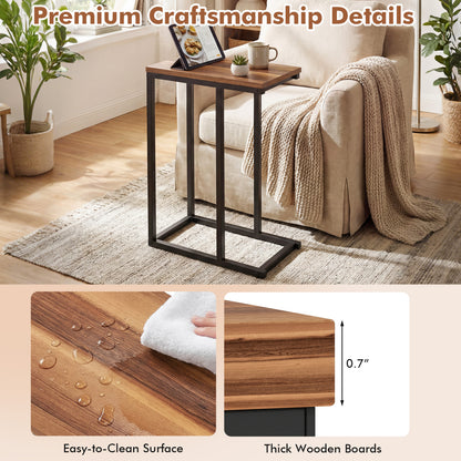 C-Shaped End Table Small Side Table with Sturdy Metal Frame-Walnut