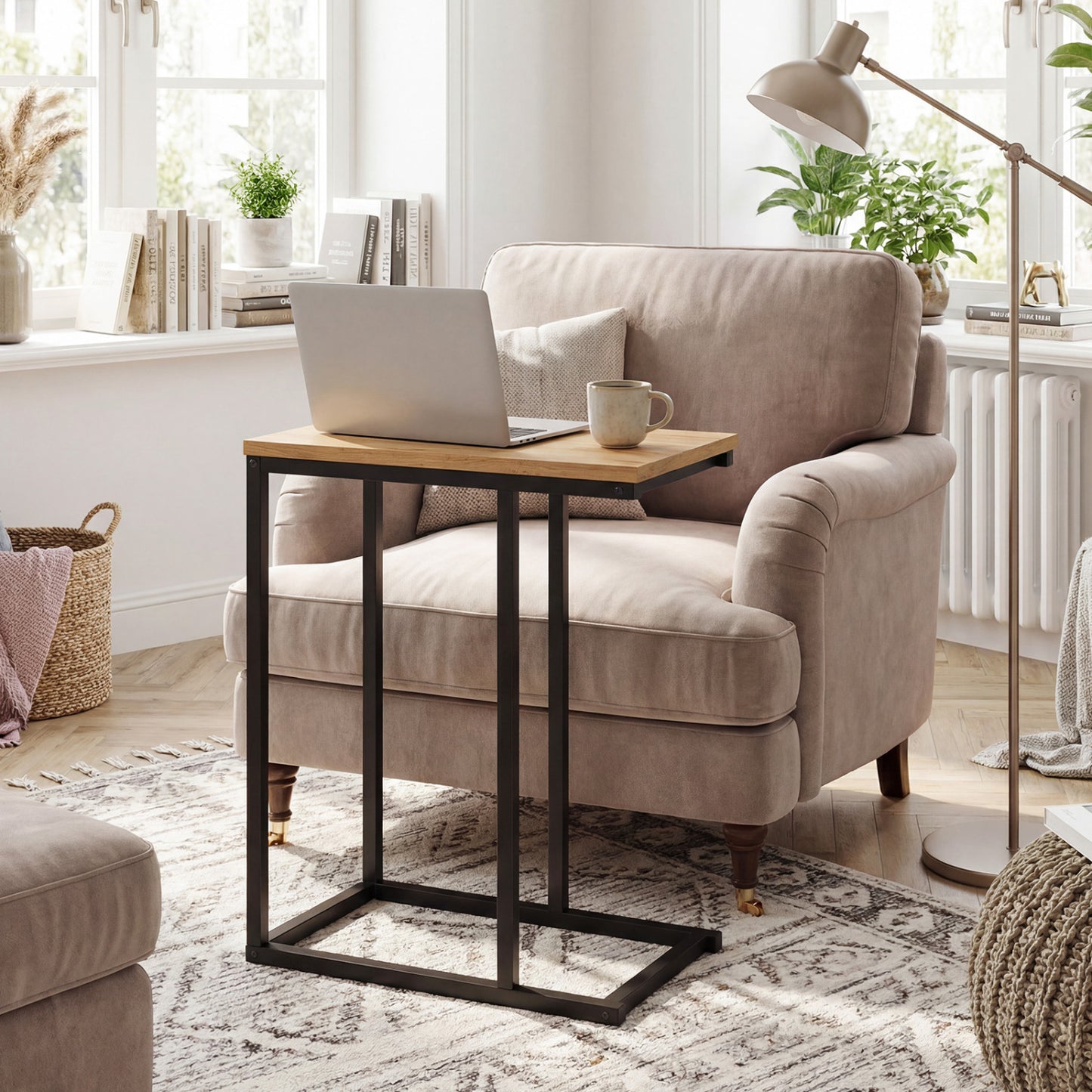 C-Shaped End Table Small Side Table with Sturdy Metal Frame-Natural