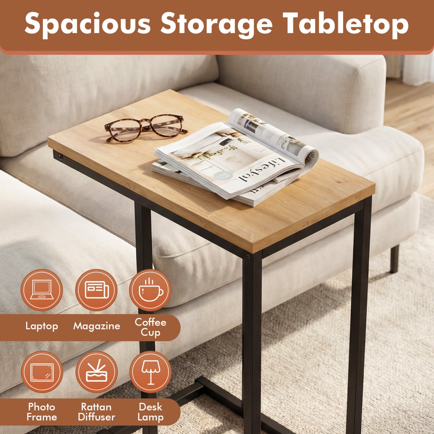 C-Shaped End Table Small Side Table with Sturdy Metal Frame-Natural
