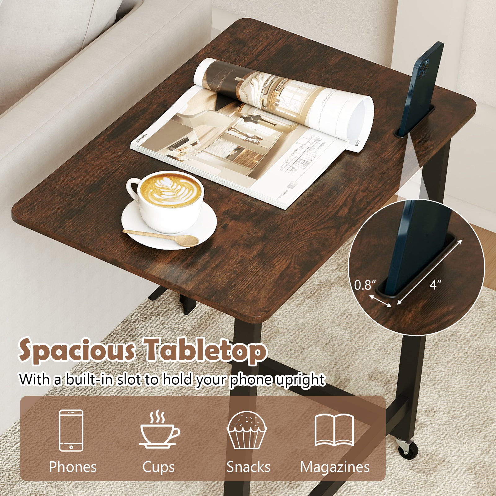 C-shaped End Table with Wheels Mobile Bedside Table with Built-in Phone Slot-Rustic Brown