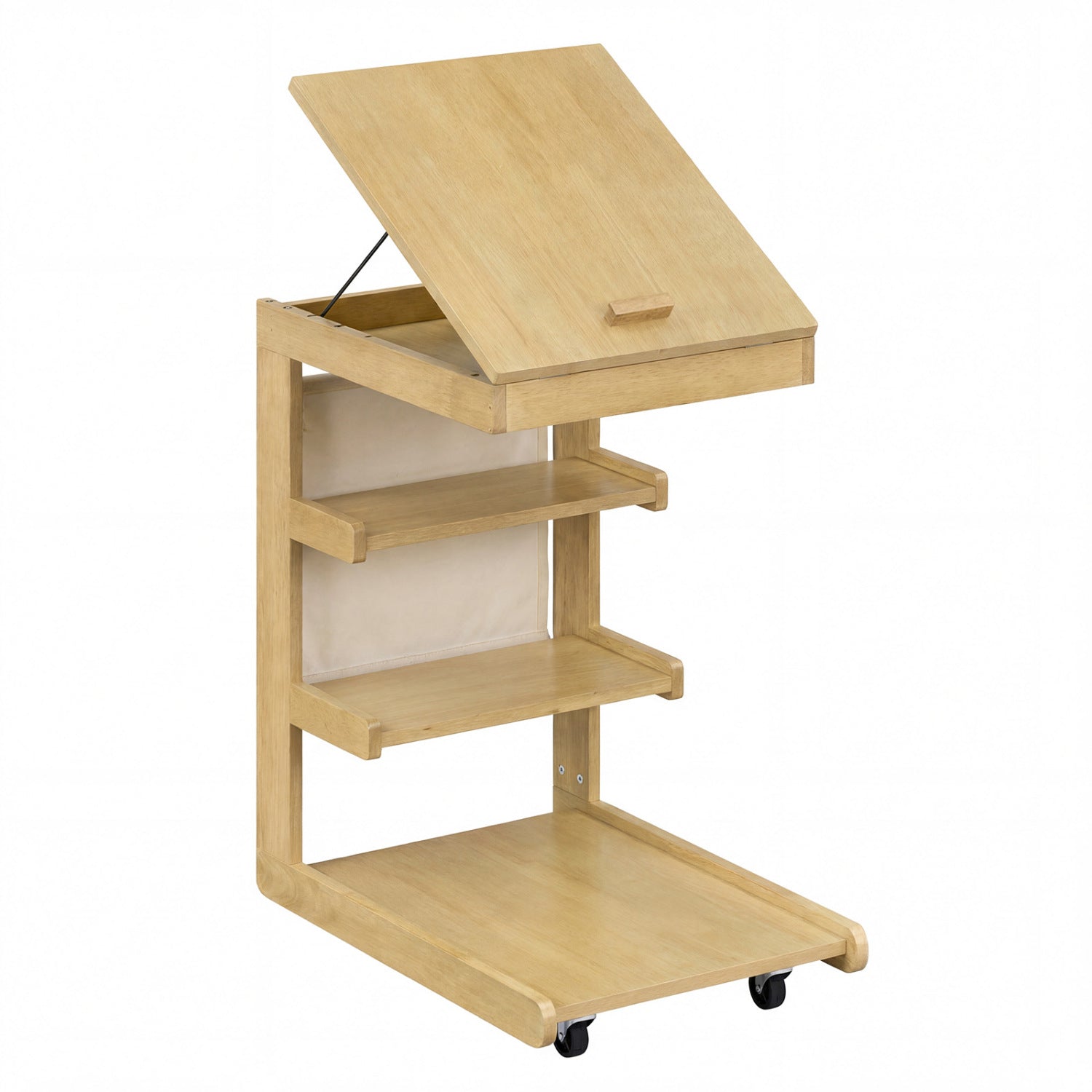 C-shaped End Table with Wheels and Adjustable Desktop for Sofa Couch Bedside-Natural