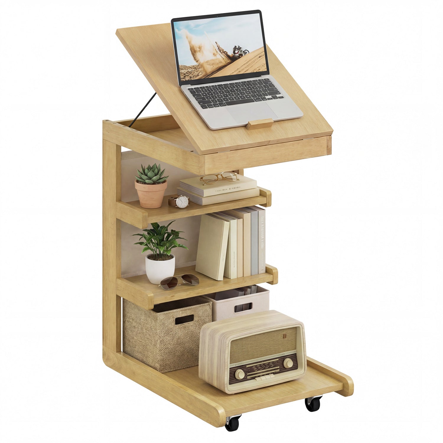 C-shaped End Table with Wheels and Adjustable Desktop for Sofa Couch Bedside-Natural