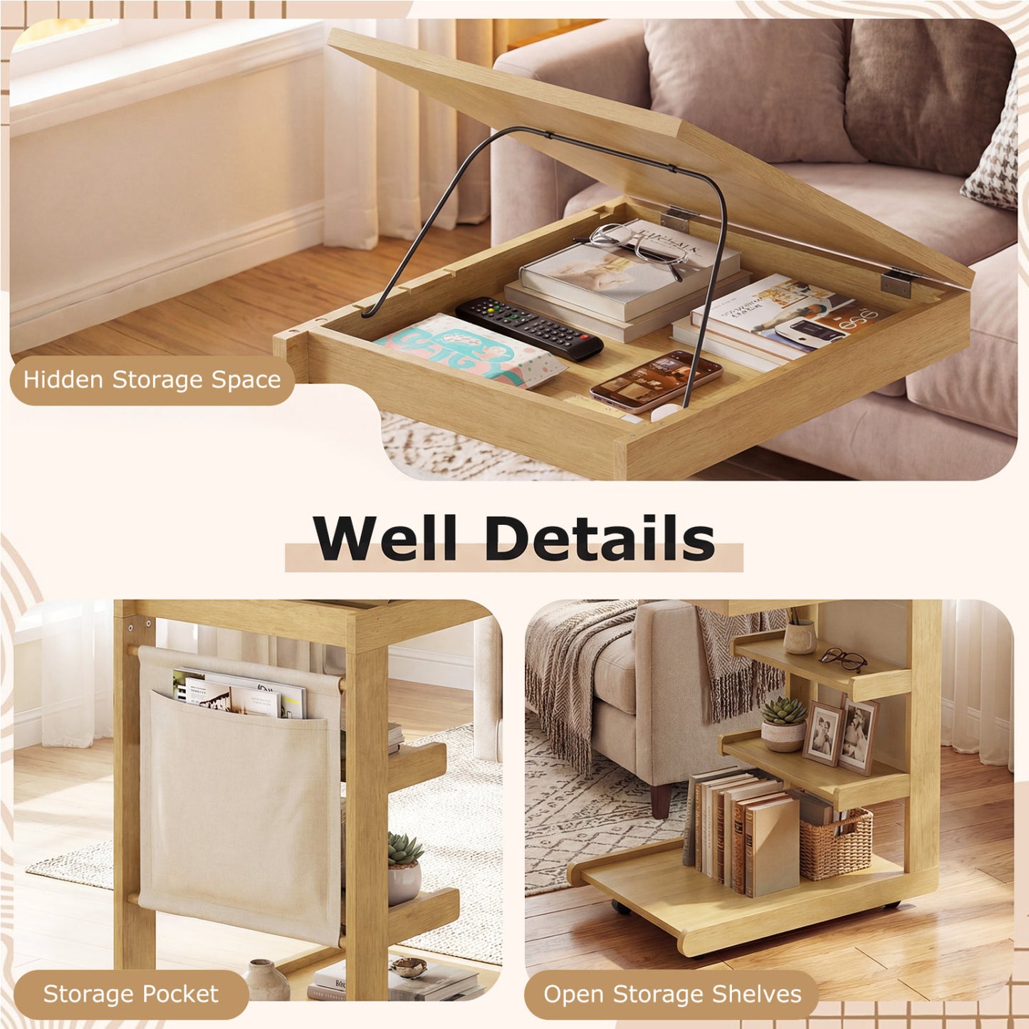 C-shaped End Table with Wheels and Adjustable Desktop for Sofa Couch Bedside-Natural