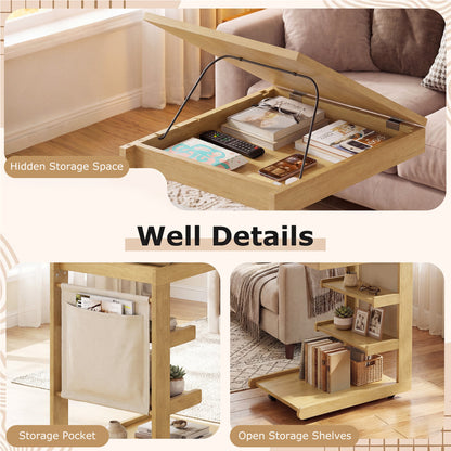 C-shaped End Table with Wheels and Adjustable Desktop for Sofa Couch Bedside-Natural
