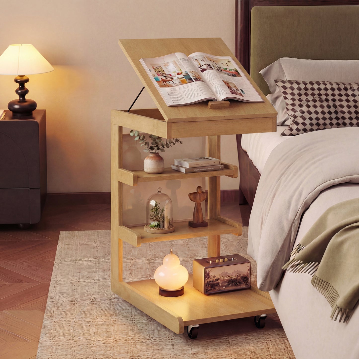 C-shaped End Table with Wheels and Adjustable Desktop for Sofa Couch Bedside-Natural
