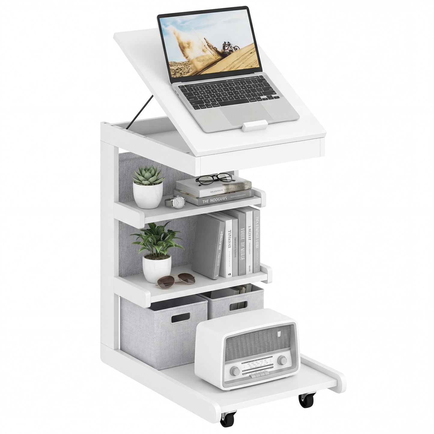 C-shaped End Table with Wheels and Adjustable Desktop for Sofa Couch Bedside-White