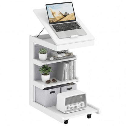 C-shaped End Table with Wheels and Adjustable Desktop for Sofa Couch Bedside-White
