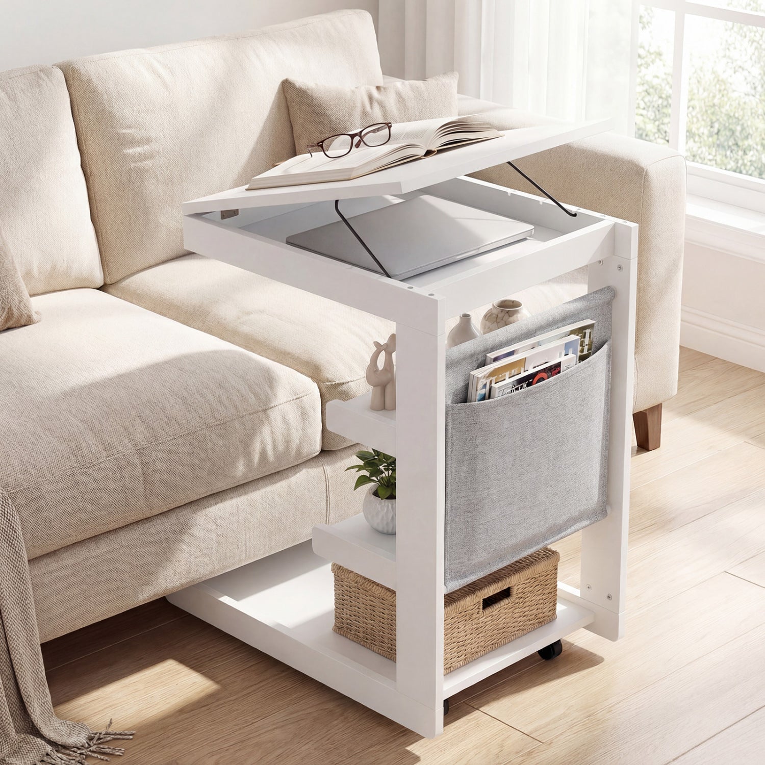 C-shaped End Table with Wheels and Adjustable Desktop for Sofa Couch Bedside-White