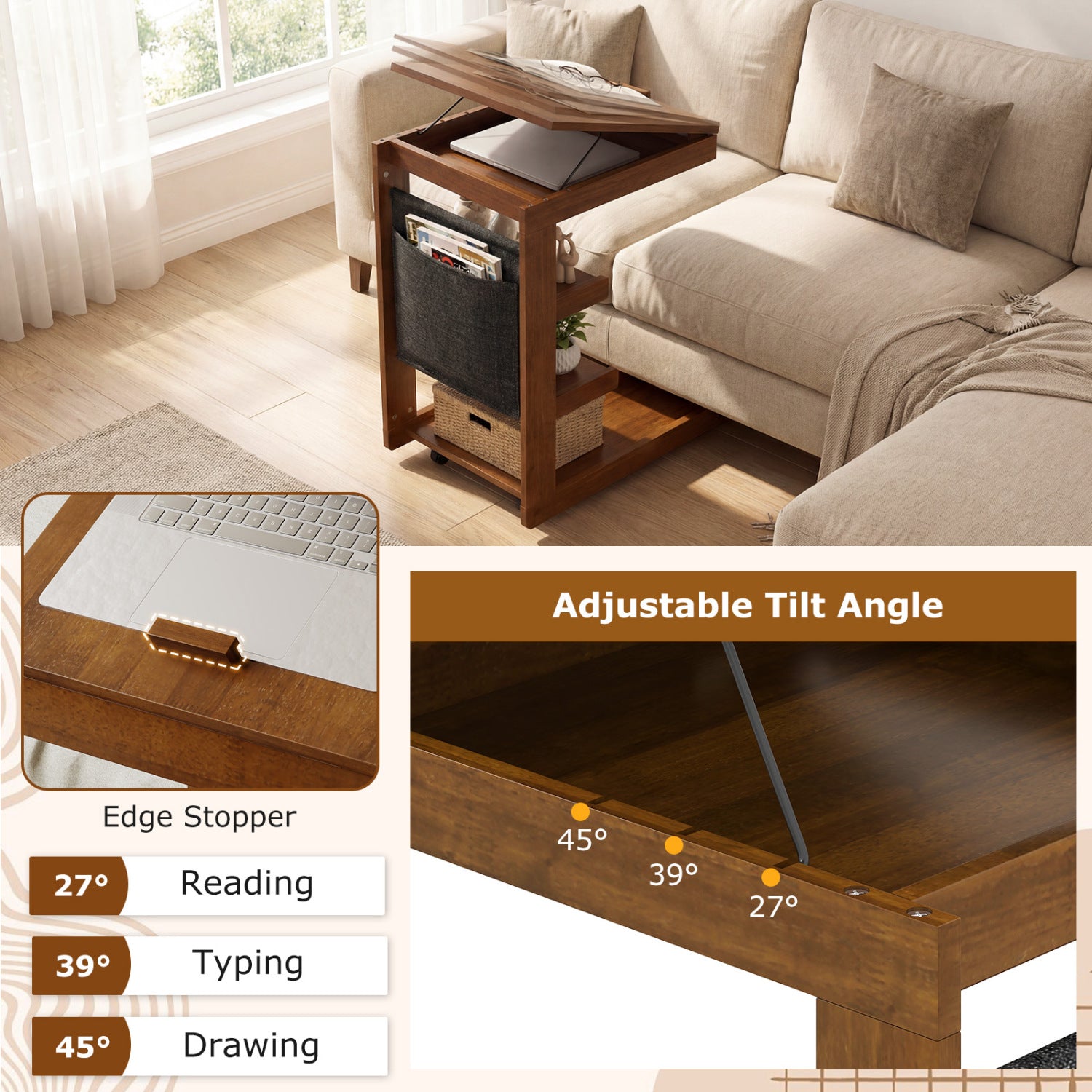 C-shaped End Table with Wheels and Adjustable Desktop for Sofa Couch Bedside-Brown