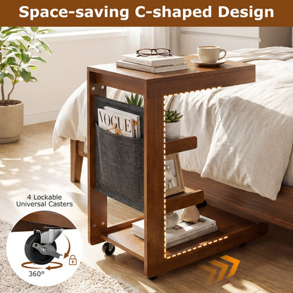 C-shaped End Table with Wheels and Adjustable Desktop for Sofa Couch Bedside-Brown
