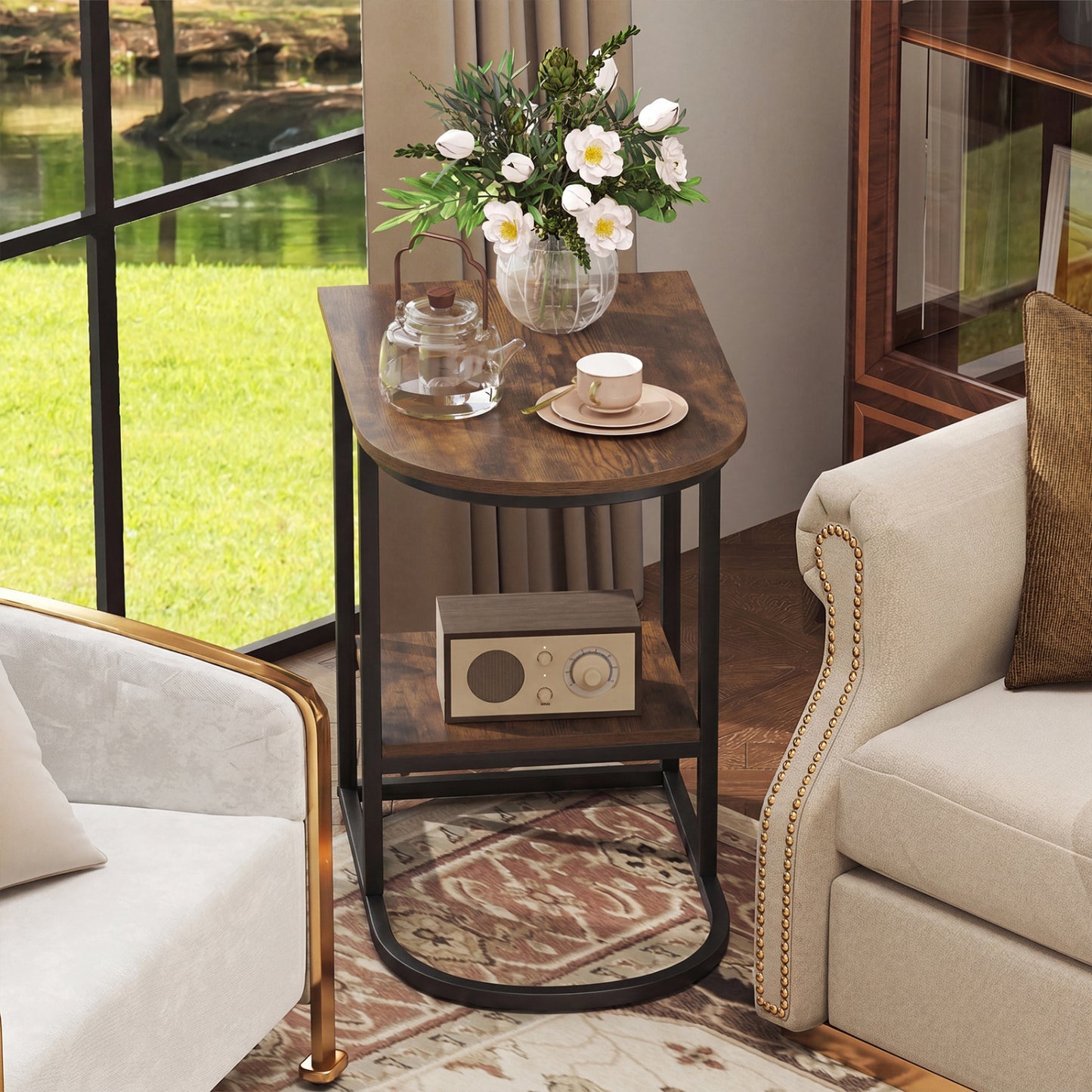 C-Shaped Sofa Side Table with Faux Marble Top & Storage Shelf