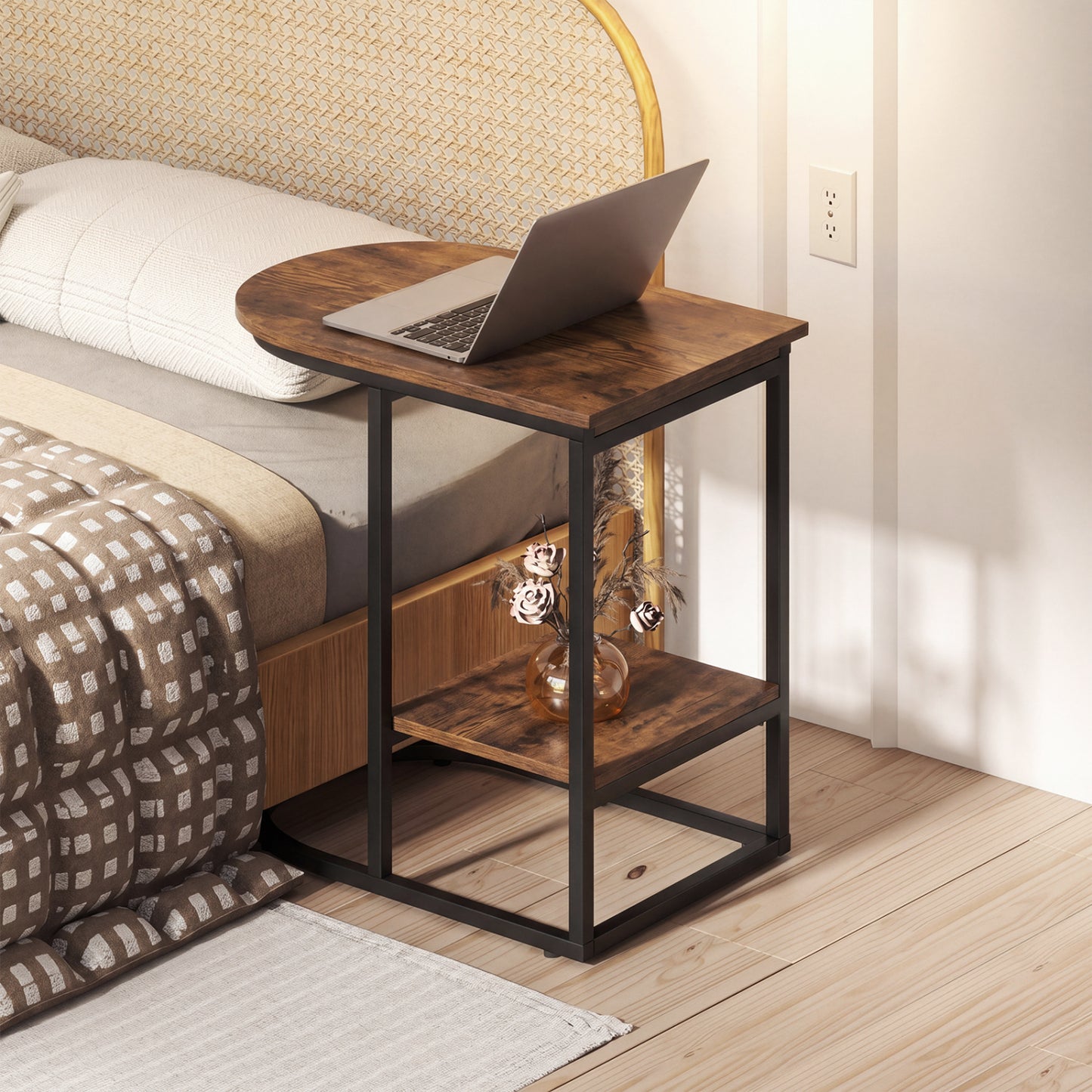 C-Shaped Sofa Side Table with Faux Marble Top & Storage Shelf