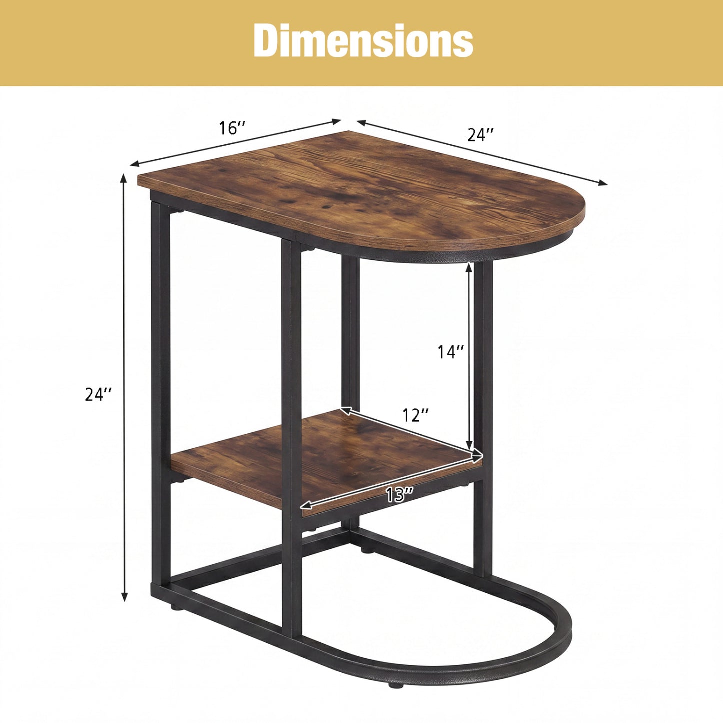 C-Shaped Side Table with Storage Shelf and Marble Top