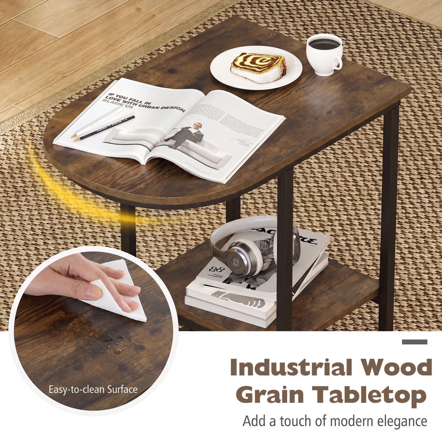 C-Shaped Side Table with Storage Shelf and Marble Top