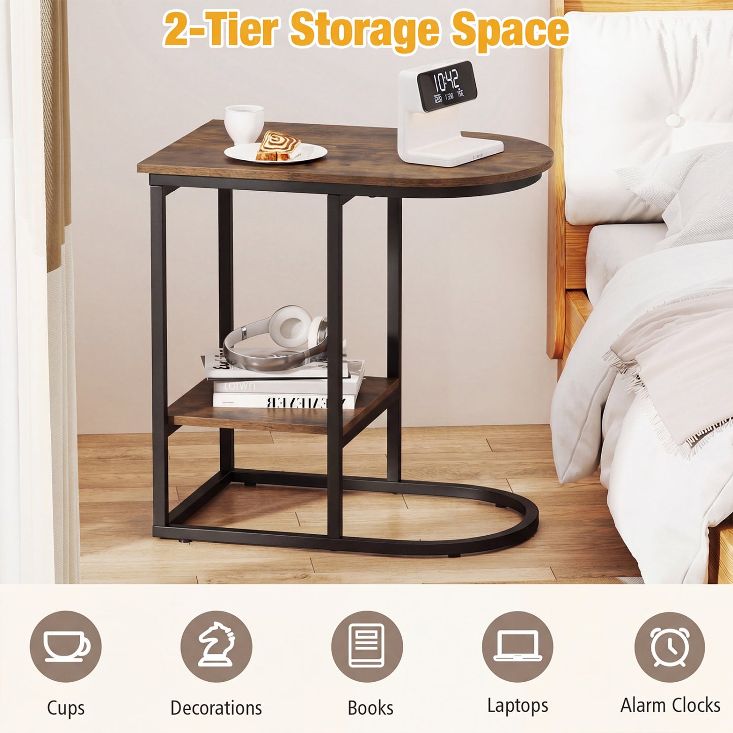C-Shaped Side Table with Storage Shelf and Marble Top