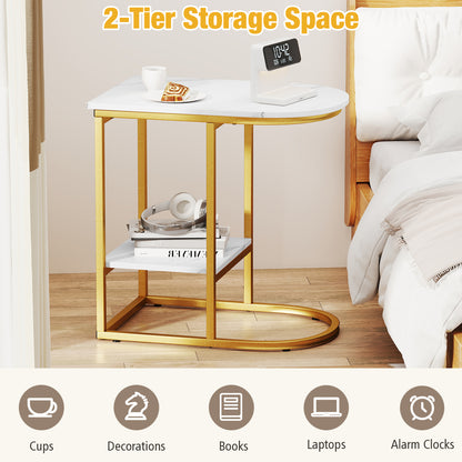 C-Shaped Side Table with Faux Marble Top and Storage Shelf