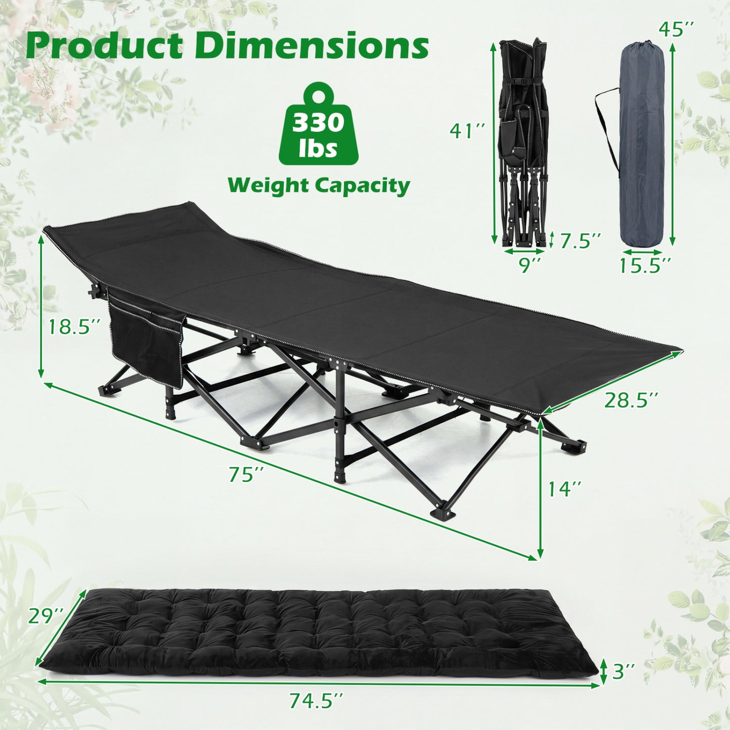 Camping Cot for Adults with Padded Mat and Carrying Bag