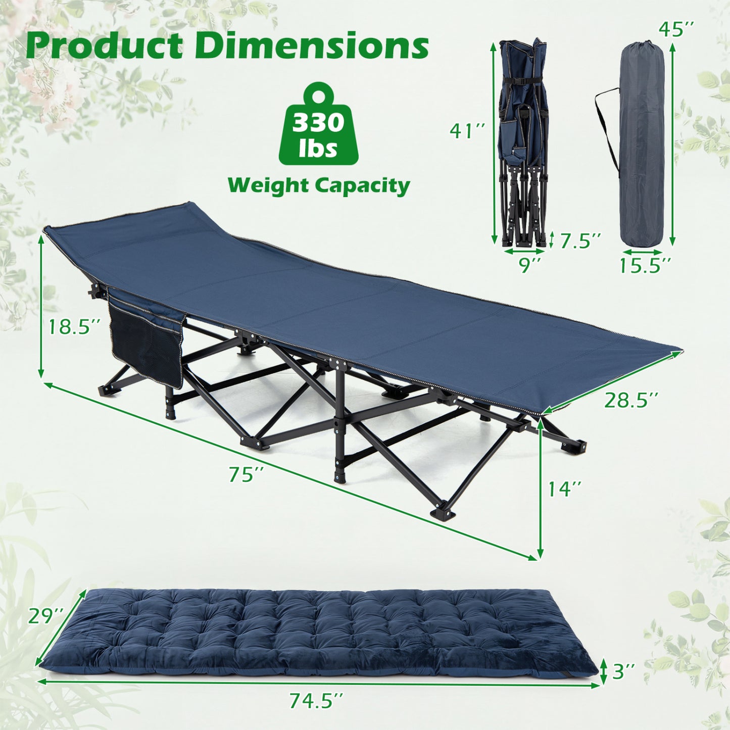 Camping Cot for Adults with Padded Mat and Carrying Bag