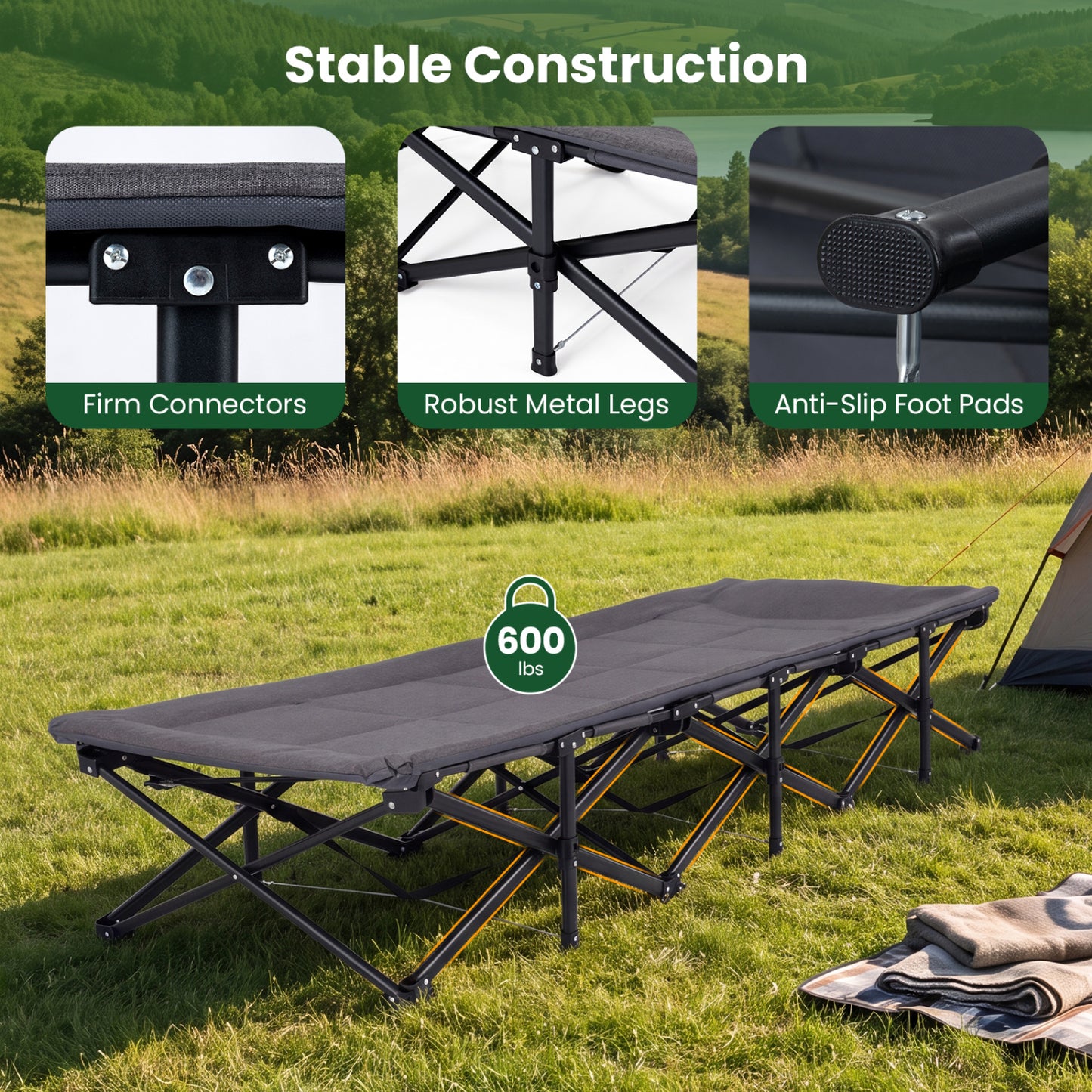 Camping Cot with Padded Pillow and Storage Pouch - Gray