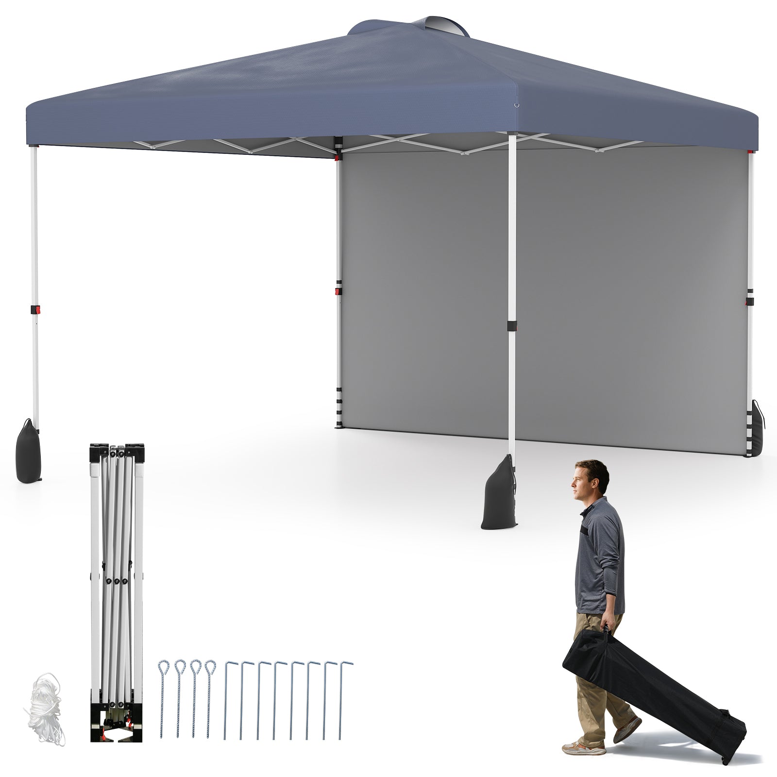 10 X 10 FT Pop up Canopy Tent with 1 Sidewall and Wheeled Bag-Pink - Gray