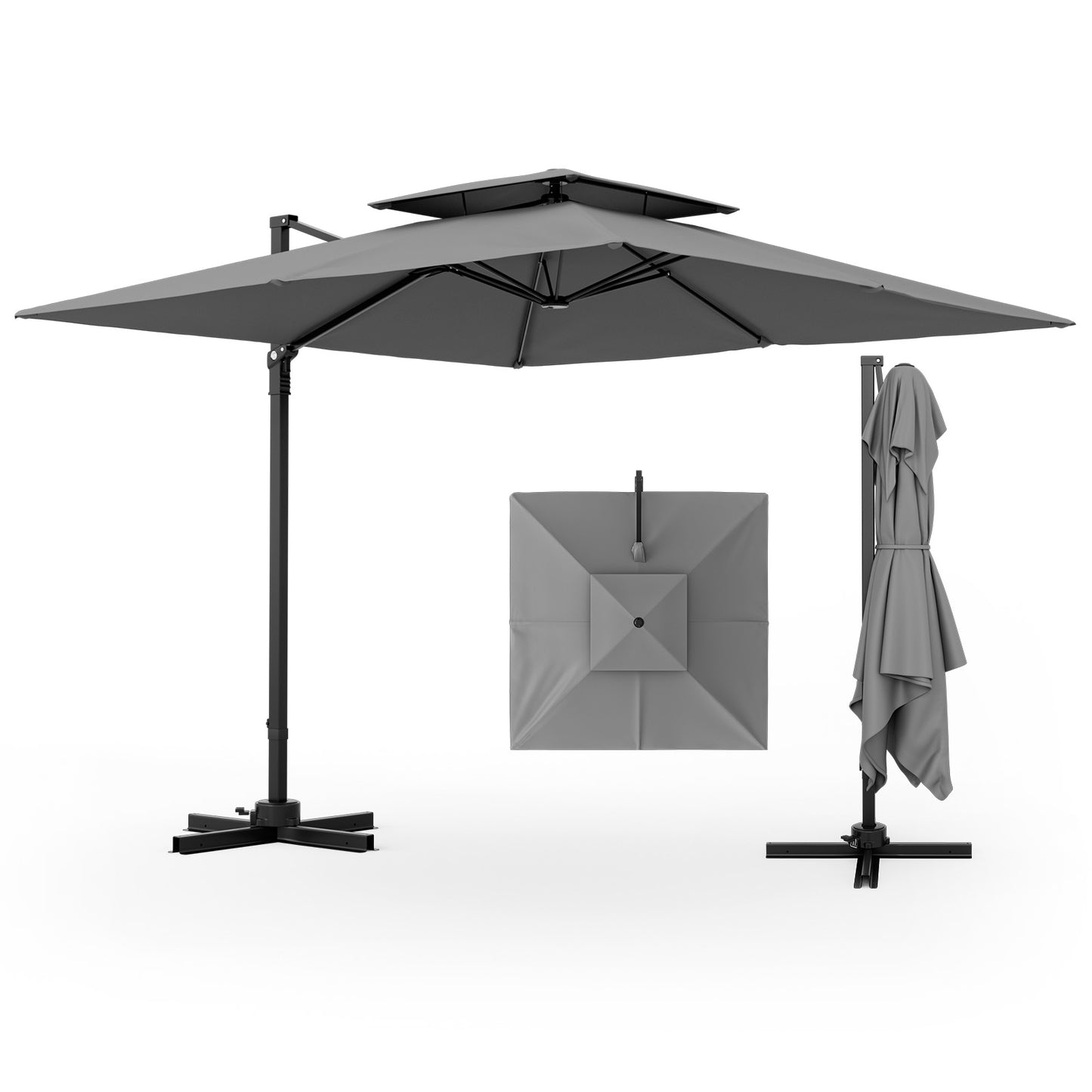 9.5 Feet Cantilever Patio Umbrella with 360° Rotation and Double Top-Coffee - Gray
