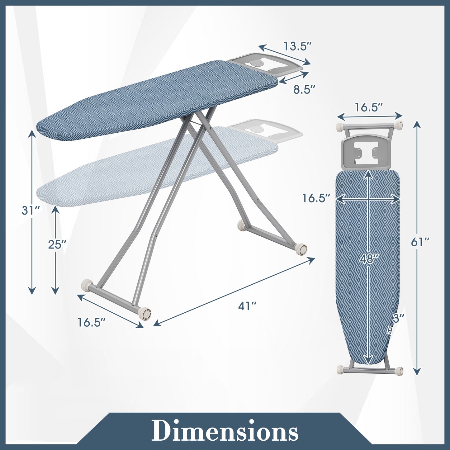 57" x 16.5" Carbon Steel Ironing Table with Iron Rest and 7-Level Height-Blue