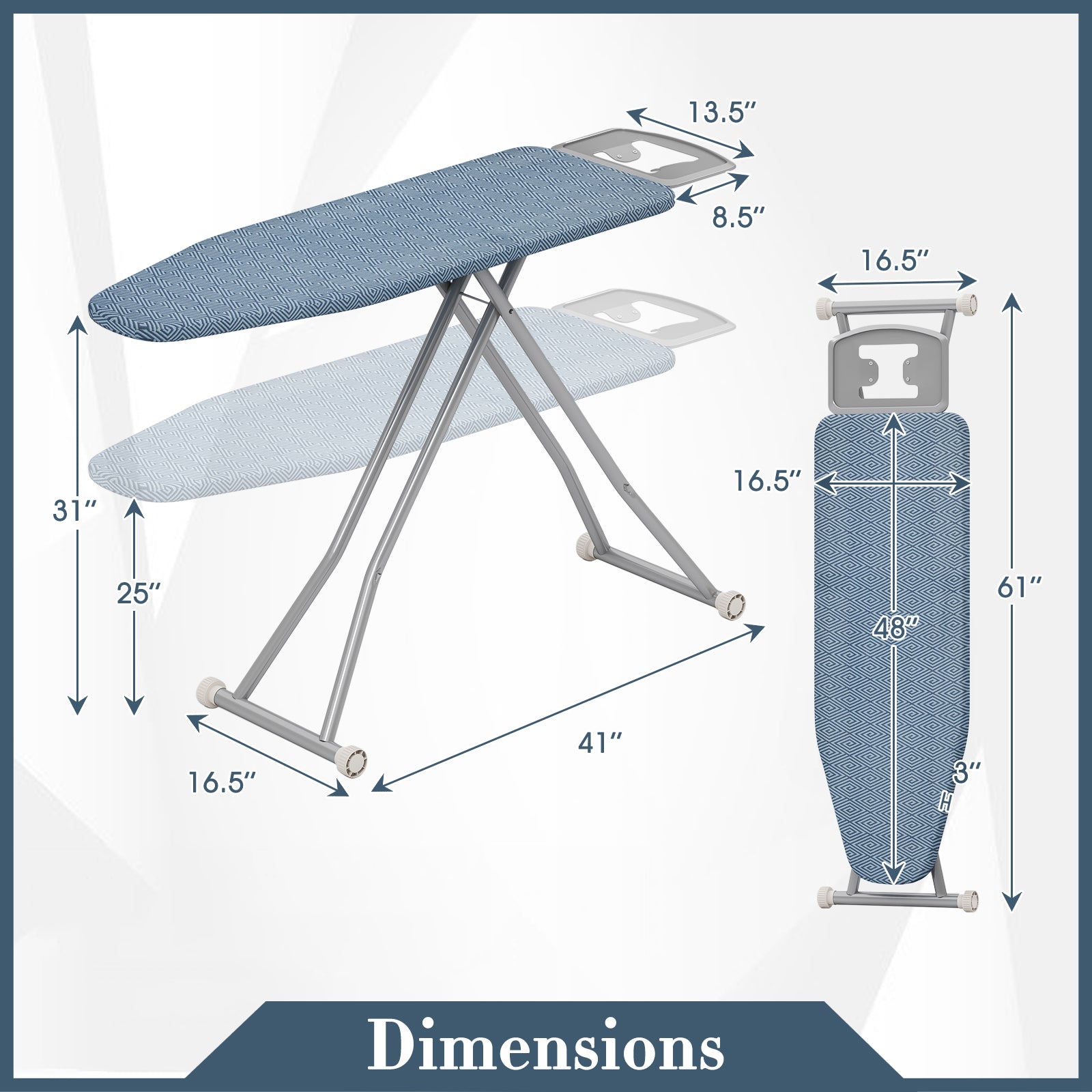 57" x 16.5" Carbon Steel Ironing Table with Iron Rest and 7-Level Height-Blue