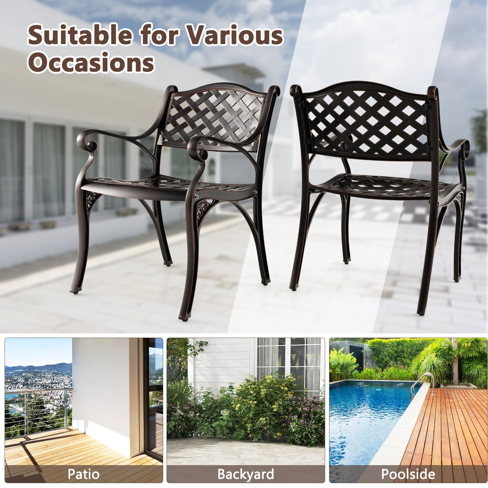 Cast Aluminum Patio Chairs Set of 2 Dining Chairs with Armrests Diamond Pattern-Bronze