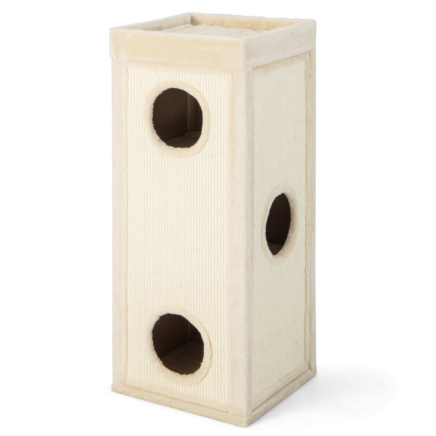 39 Inch Tall Cat Condo with Scratching Posts and 3 Hideaways and 4 Soft Plush Cushions-Natural - Natural