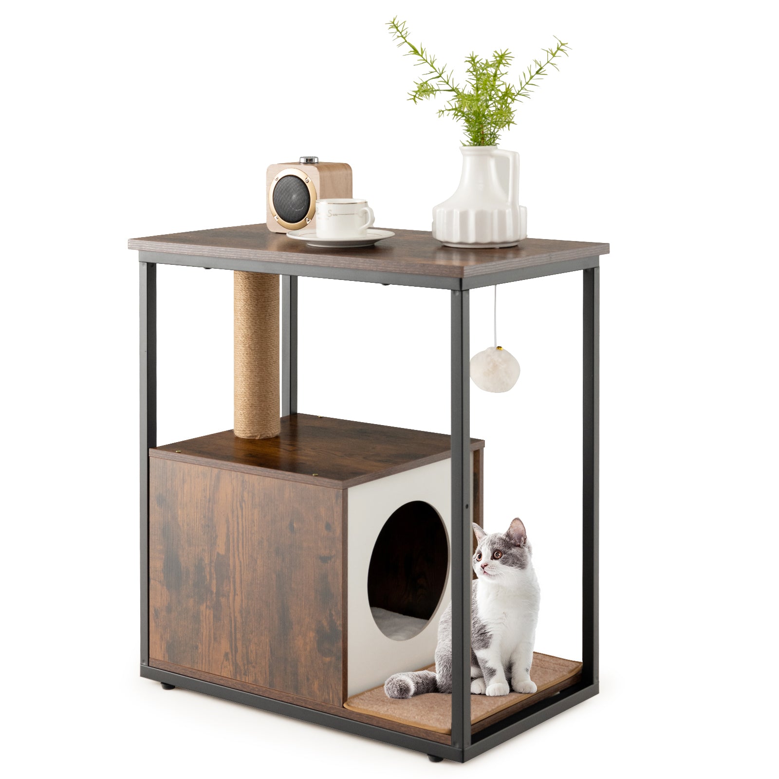Cat Furniture End Table Cat House with Scratching Post-Rustic Brown - Rustic Brown