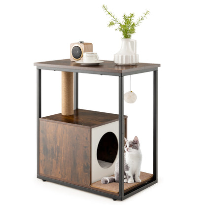 Cat Furniture End Table Cat House with Scratching Post-Rustic Brown - Rustic Brown