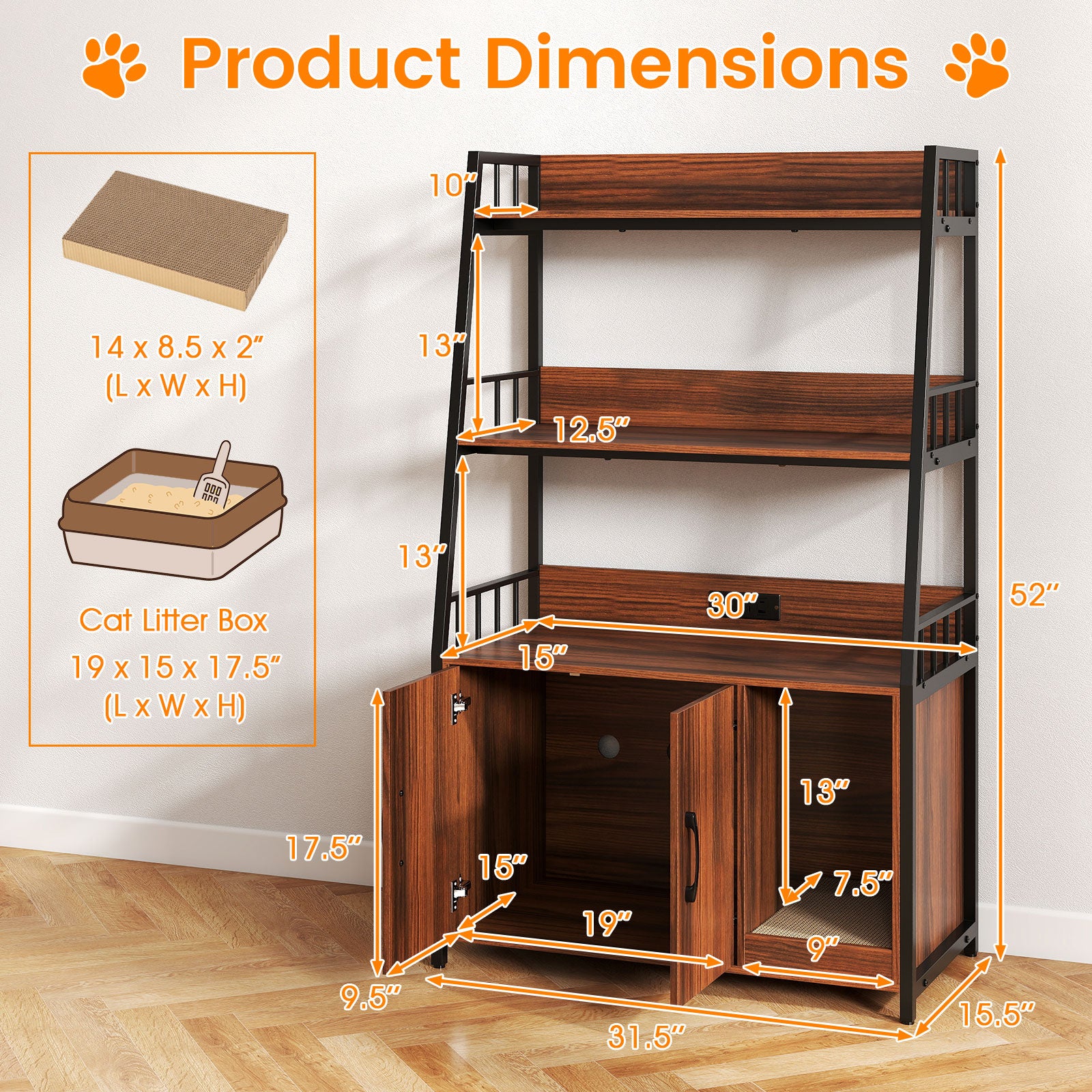 Cat Litter Box Enclosure with Storage Shelves and Scratching Pad-Walnut