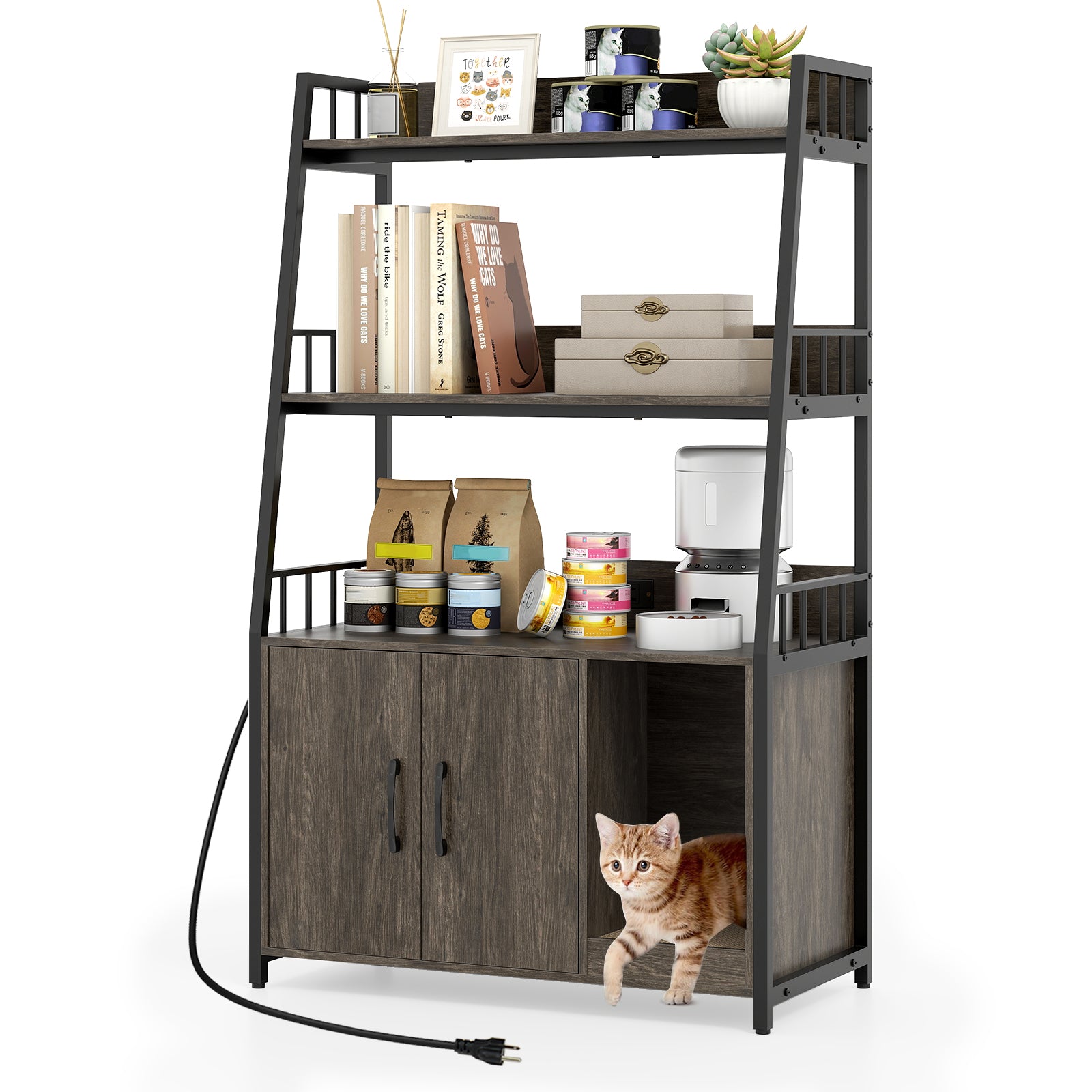 Cat Litter Box Enclosure with Storage Shelves and Scratching Pad-Gray